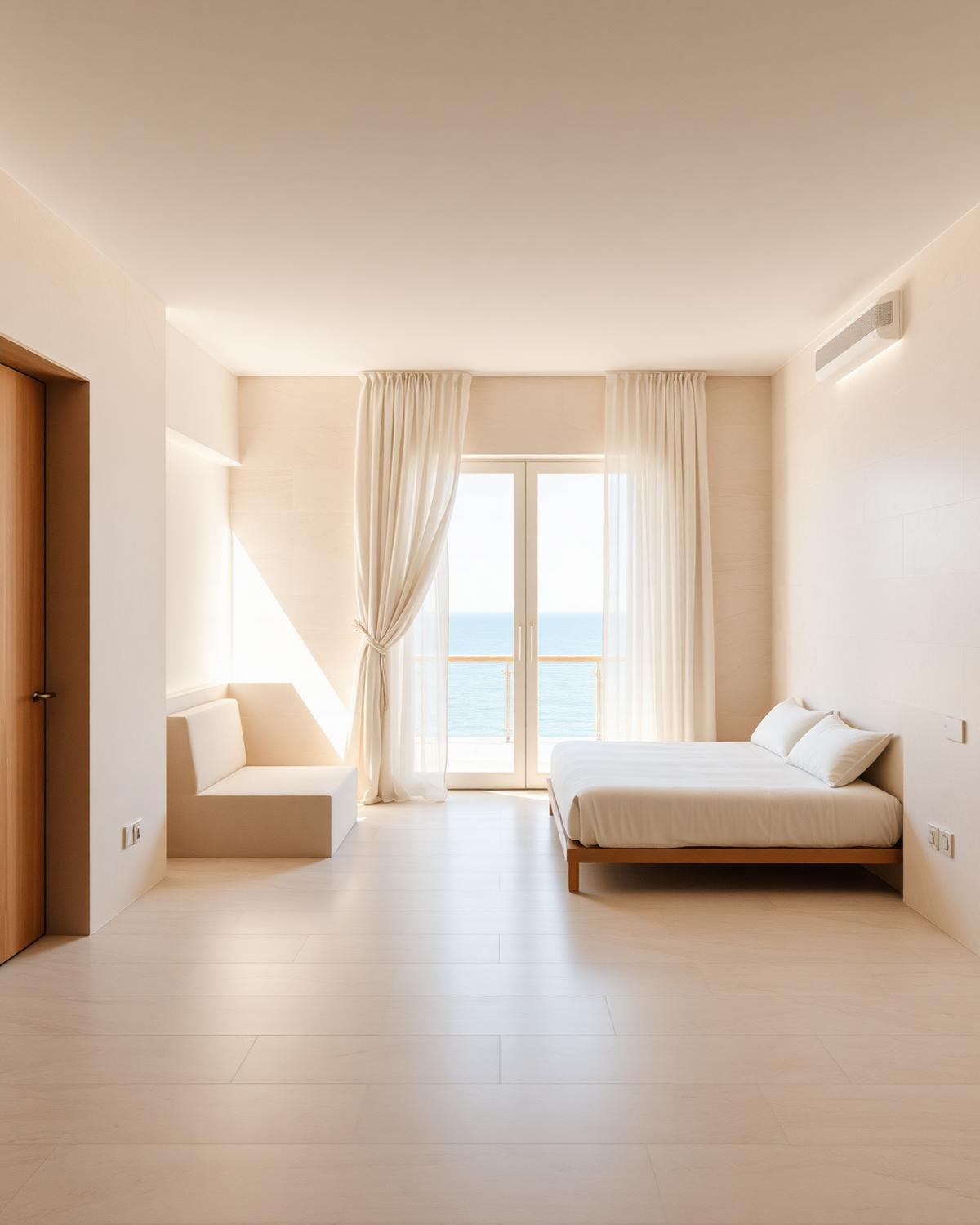 A serene Mediterranean suite with linen curtains and sea light
